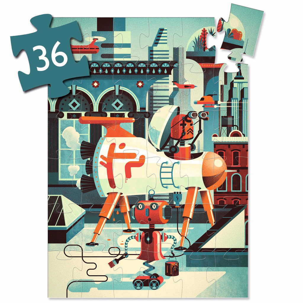 A 36-piece jigsaw puzzle titled "Bob the Robot" by Djeco, featuring a whimsical illustration of a robot painting in outer space.