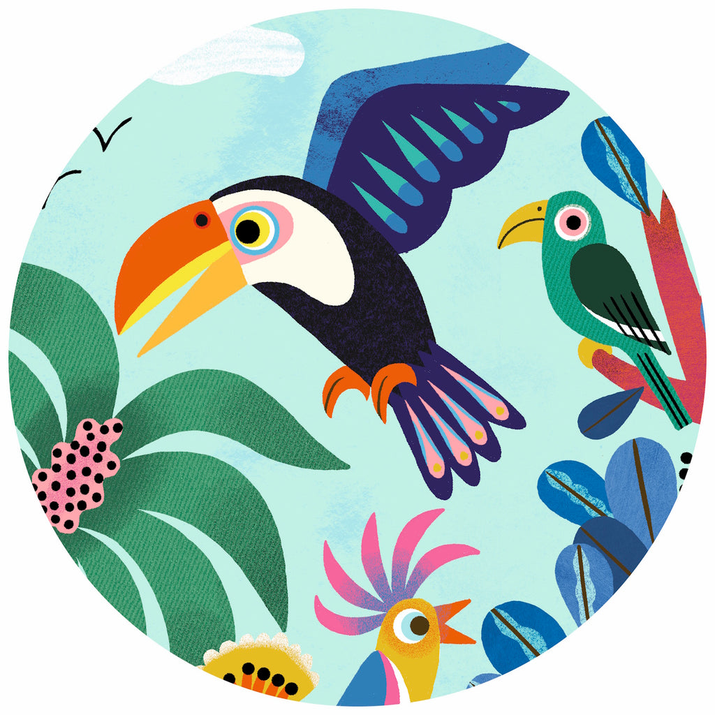 A 24-piece jigsaw puzzle titled "Coco the Toucan" by Djeco, featuring a vibrant illustration of Coco the Toucan flying through a lush jungle to find her colorful friends.