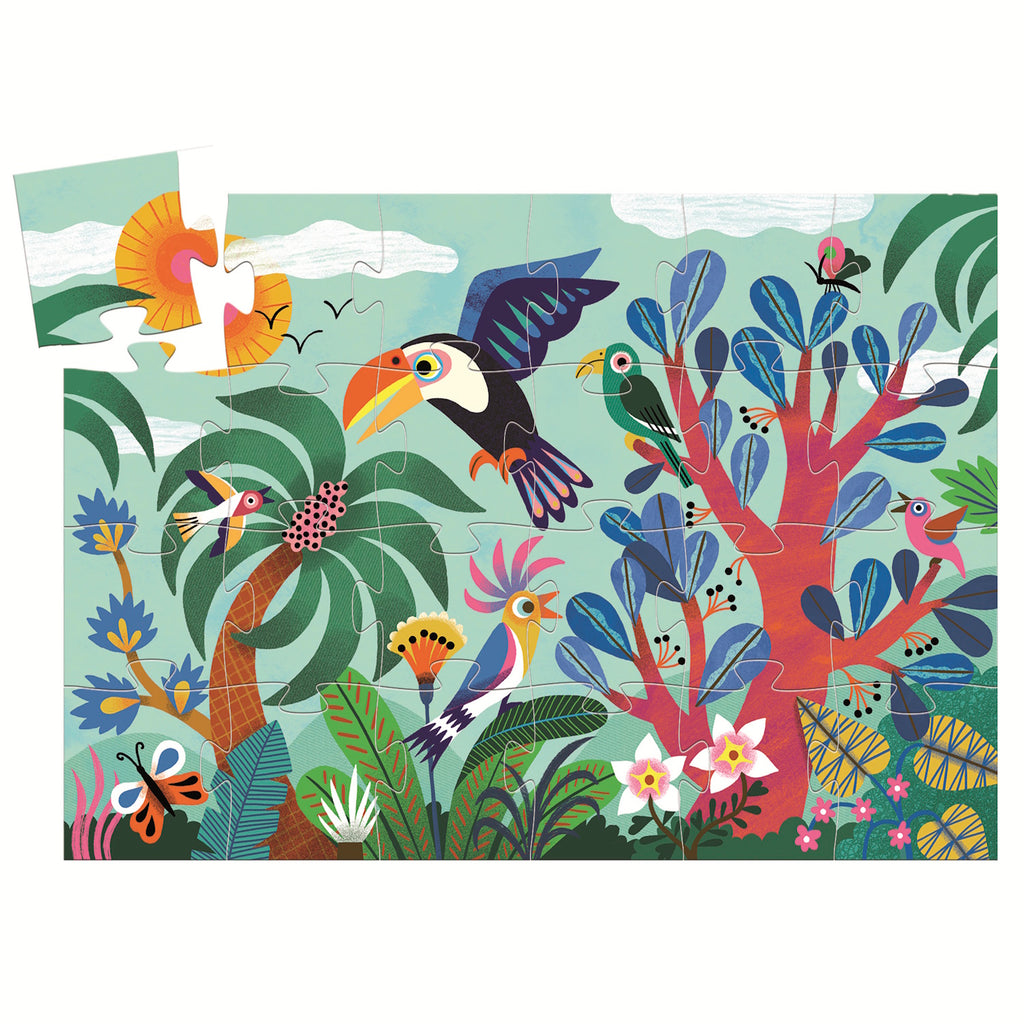 A 24-piece jigsaw puzzle titled "Coco the Toucan" by Djeco, featuring a vibrant illustration of Coco the Toucan flying through a lush jungle to find her colorful friends.