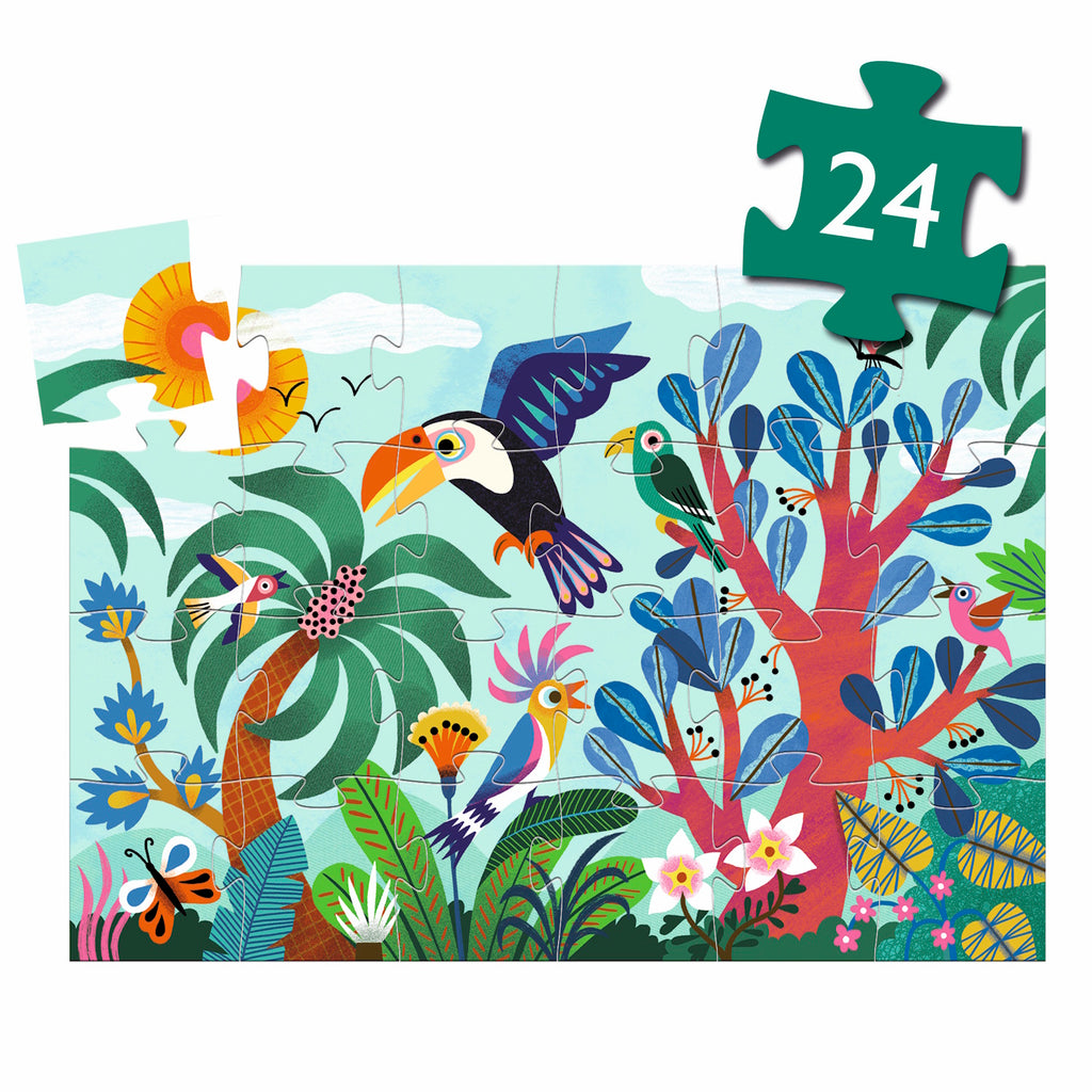 A 24-piece jigsaw puzzle titled "Coco the Toucan" by Djeco, featuring a vibrant illustration of Coco the Toucan flying through a lush jungle to find her colorful friends.
