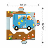 A giant jigsaw puzzle titled "Construction Site" featuring a detailed illustration of a bustling construction site with various machinery and workers.