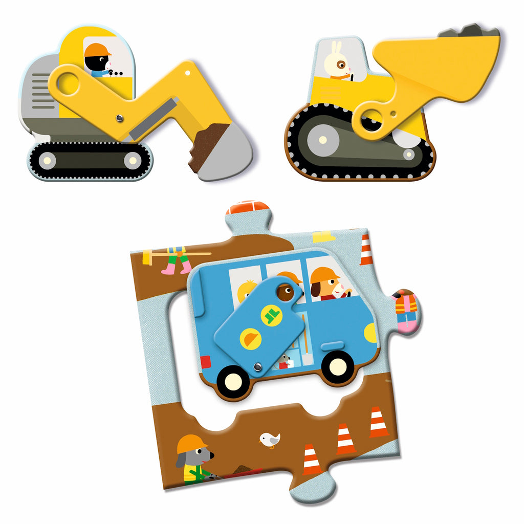 A giant jigsaw puzzle titled "Construction Site" featuring a detailed illustration of a bustling construction site with various machinery and workers.