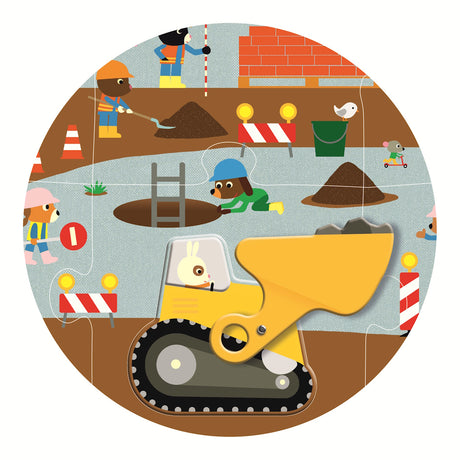A giant jigsaw puzzle titled "Construction Site" featuring a detailed illustration of a bustling construction site with various machinery and workers.