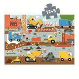 A giant jigsaw puzzle titled "Construction Site" featuring a detailed illustration of a bustling construction site with various machinery and workers.