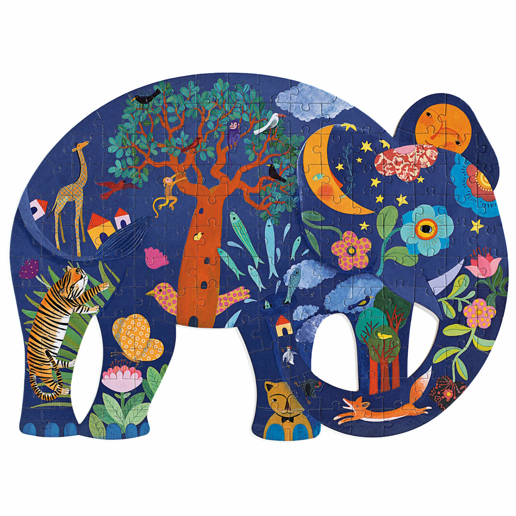 Colorful puzzle shaped like an elephant, depicting a vibrant jungle scene with animals, trees, and flowers. A whimsical and lively atmosphere.