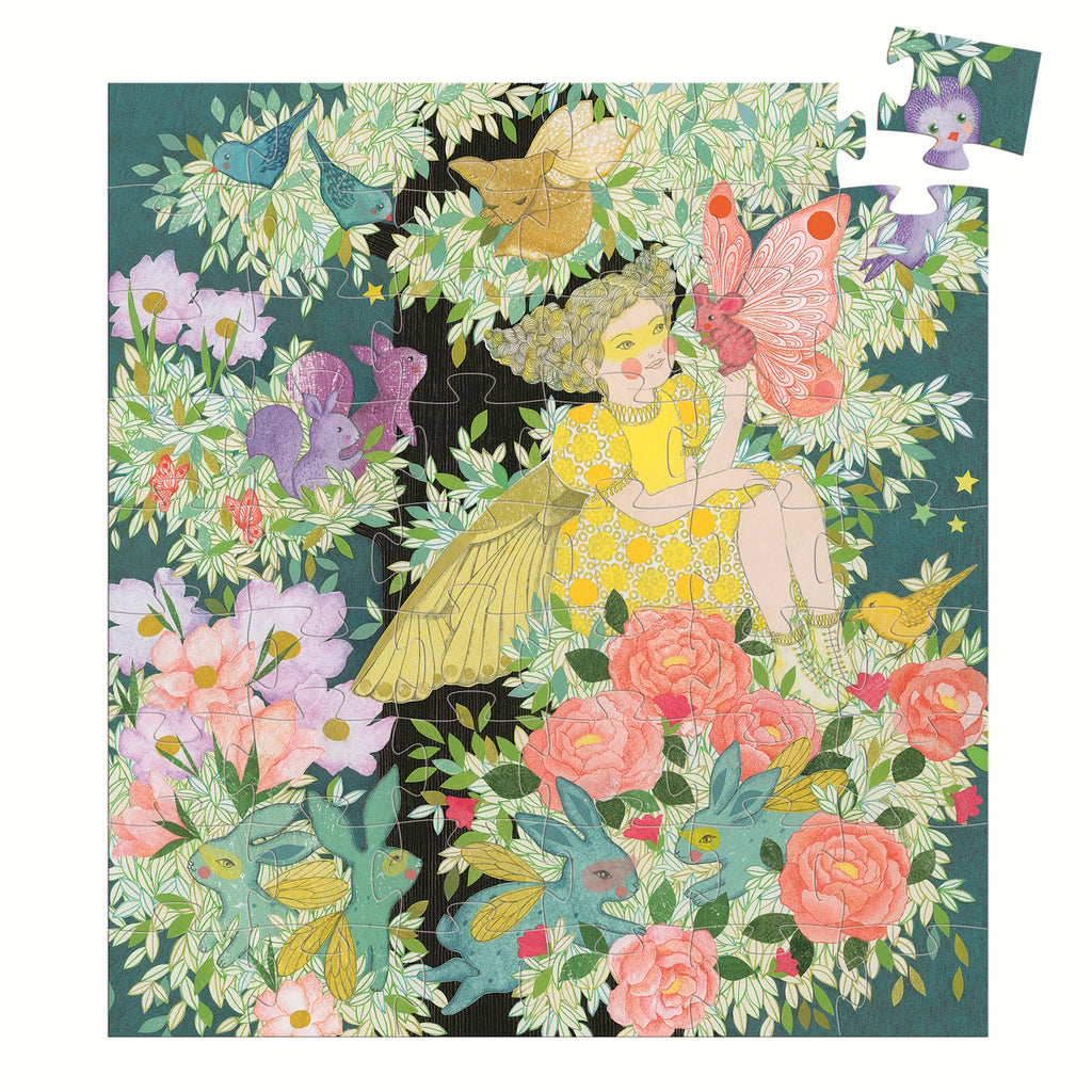 A colorful 54-piece jigsaw puzzle featuring a whimsical tree adorned with vibrant flowers and playful animals.