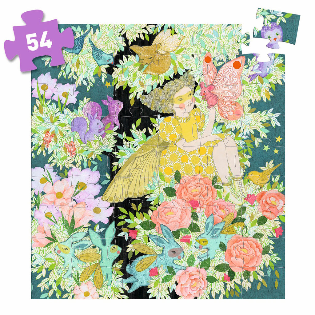 A colorful 54-piece jigsaw puzzle featuring a whimsical tree adorned with vibrant flowers and playful animals.