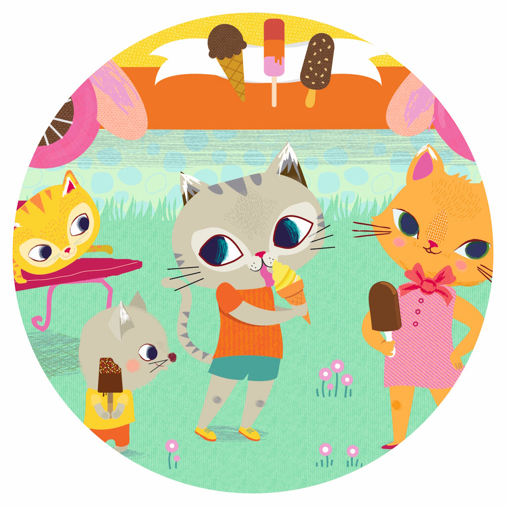 A 16-piece jigsaw puzzle titled "Ice Cream Truck" by Djeco, featuring a whimsical scene of a cat serving ice cream from a colorful truck in a park setting.