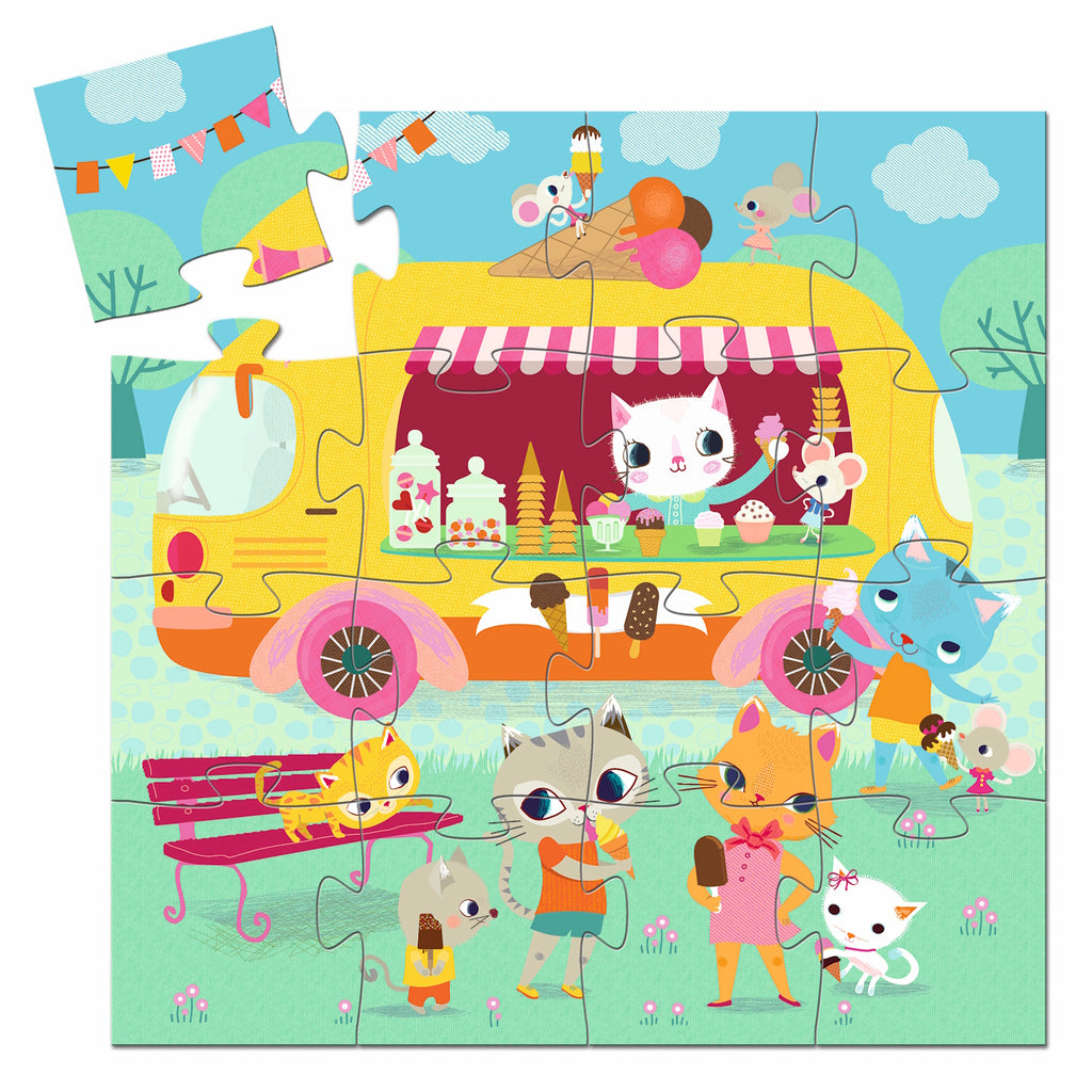 A 16-piece jigsaw puzzle titled "Ice Cream Truck" by Djeco, featuring a whimsical scene of a cat serving ice cream from a colorful truck in a park setting.
