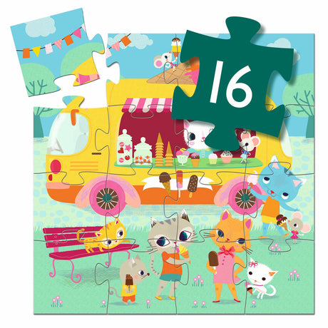 A 16-piece jigsaw puzzle titled "Ice Cream Truck" by Djeco, featuring a whimsical scene of a cat serving ice cream from a colorful truck in a park setting.