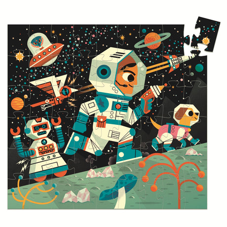 A captivating 54-piece jigsaw puzzle depicting an adventurous space scene featuring a bustling space station, astronauts, and colorful planets.