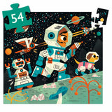 A captivating 54-piece jigsaw puzzle depicting an adventurous space scene featuring a bustling space station, astronauts, and colorful planets.