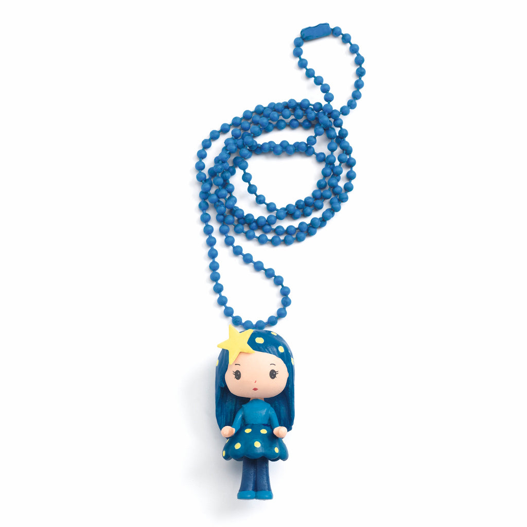 A colorful necklace featuring a finely sculpted figurine of Luz, a character from Djeco's Tinyly collection.