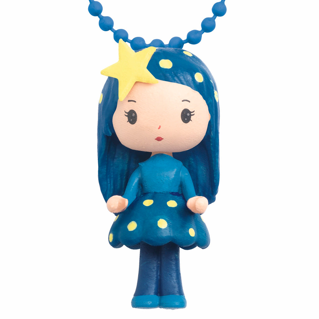 A colorful necklace featuring a finely sculpted figurine of Luz, a character from Djeco's Tinyly collection.