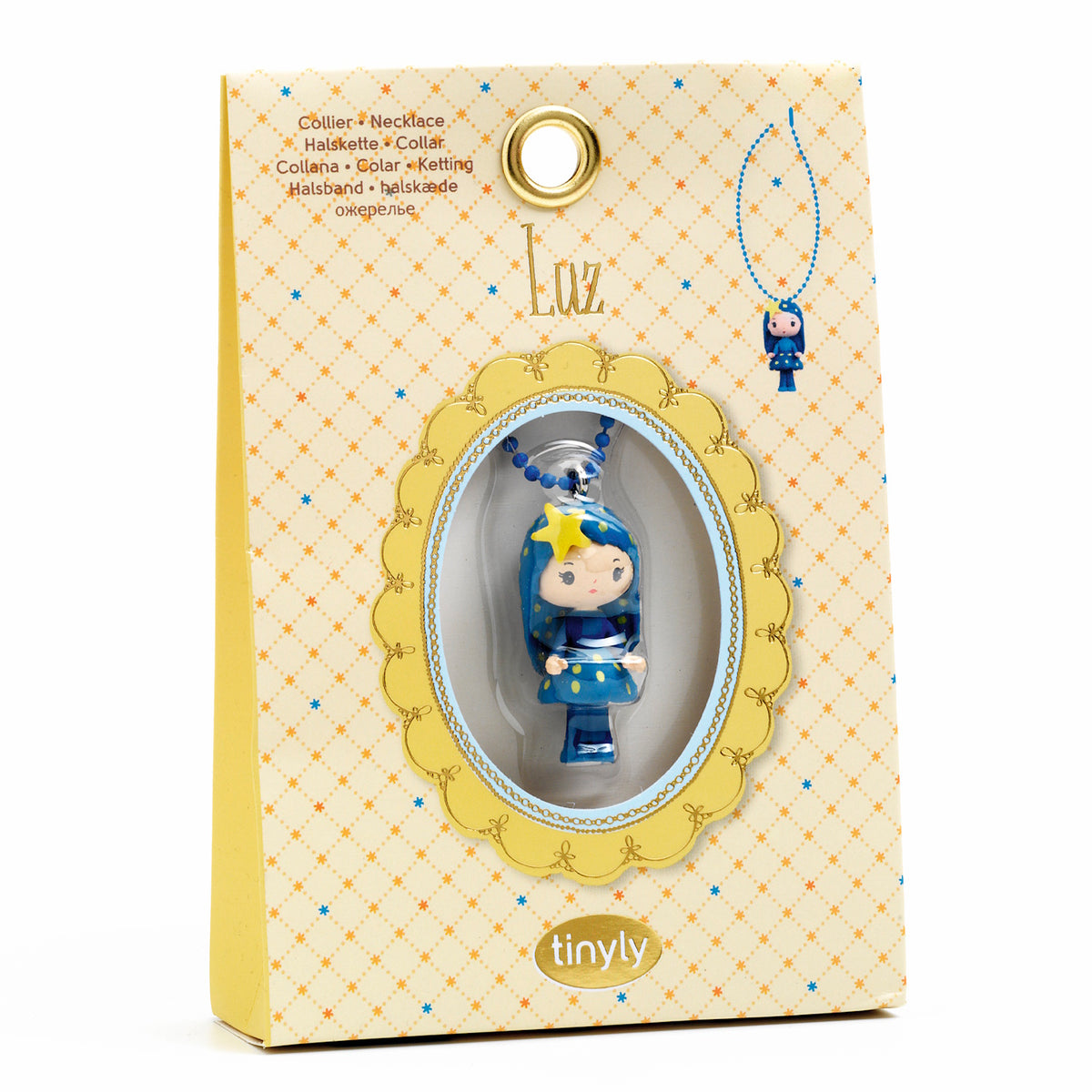 A colorful necklace featuring a finely sculpted figurine of Luz, a character from Djeco's Tinyly collection.