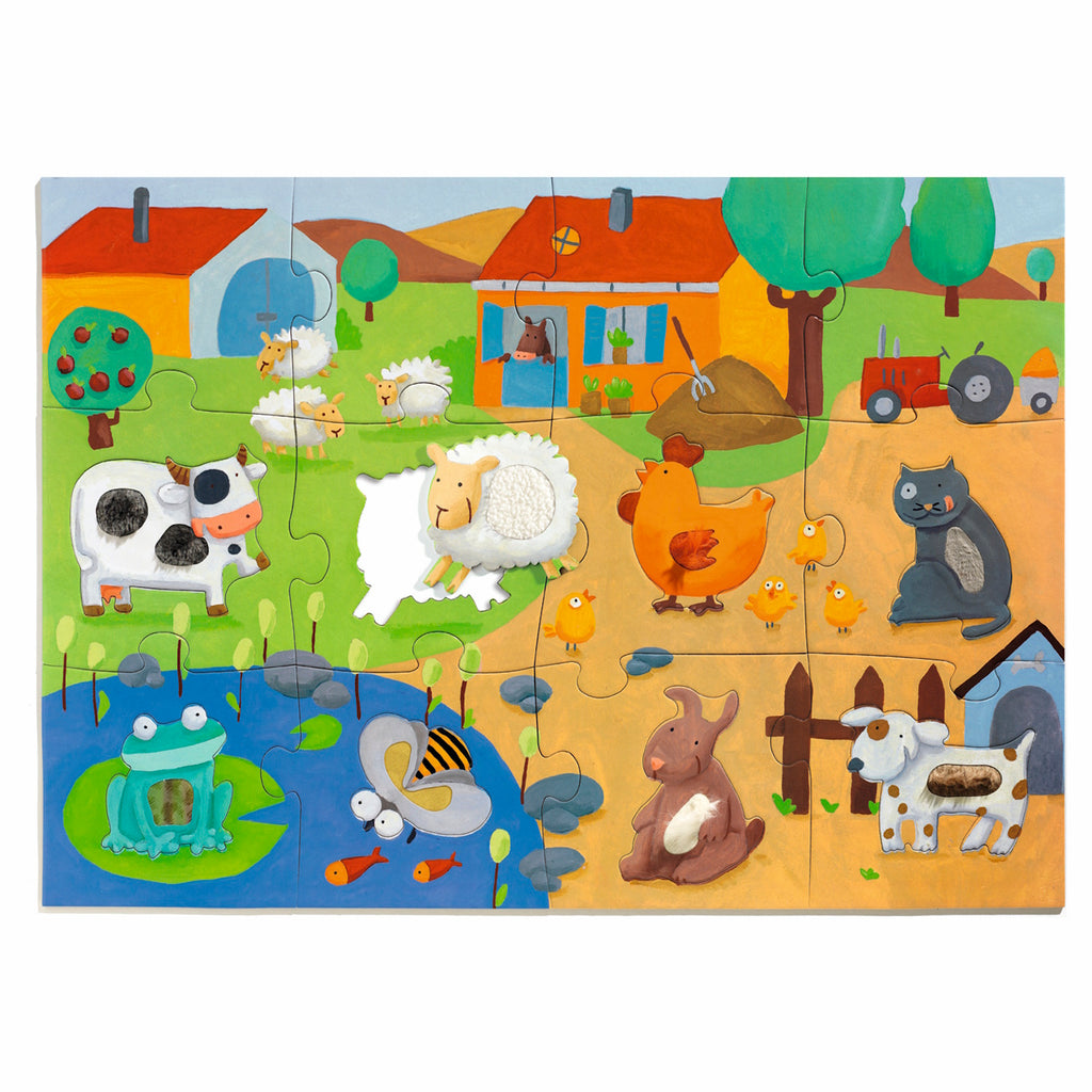 A 20-piece giant floor puzzle titled "Tactilo Farm" by Djeco, featuring eight farm animals - cow, dog, cat, rabbit, frog, bee, hen, and sheep - each with unique tactile textures such as soft, bumpy, or furry surfaces.