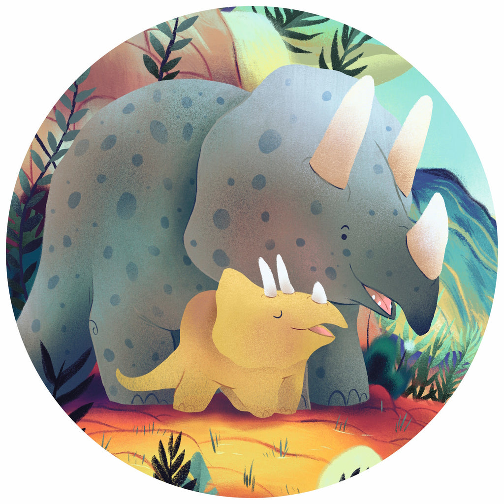 A 24-piece jigsaw puzzle titled "Teo the Dino" by Djeco, featuring an illustration of Teo the triceratops and his little friend exploring a vibrant prehistoric landscape.