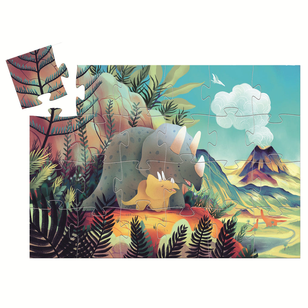 A 24-piece jigsaw puzzle titled "Teo the Dino" by Djeco, featuring an illustration of Teo the triceratops and his little friend exploring a vibrant prehistoric landscape.
