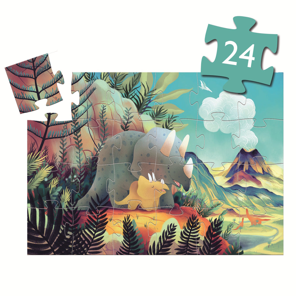 A 24-piece jigsaw puzzle titled "Teo the Dino" by Djeco, featuring an illustration of Teo the triceratops and his little friend exploring a vibrant prehistoric landscape.