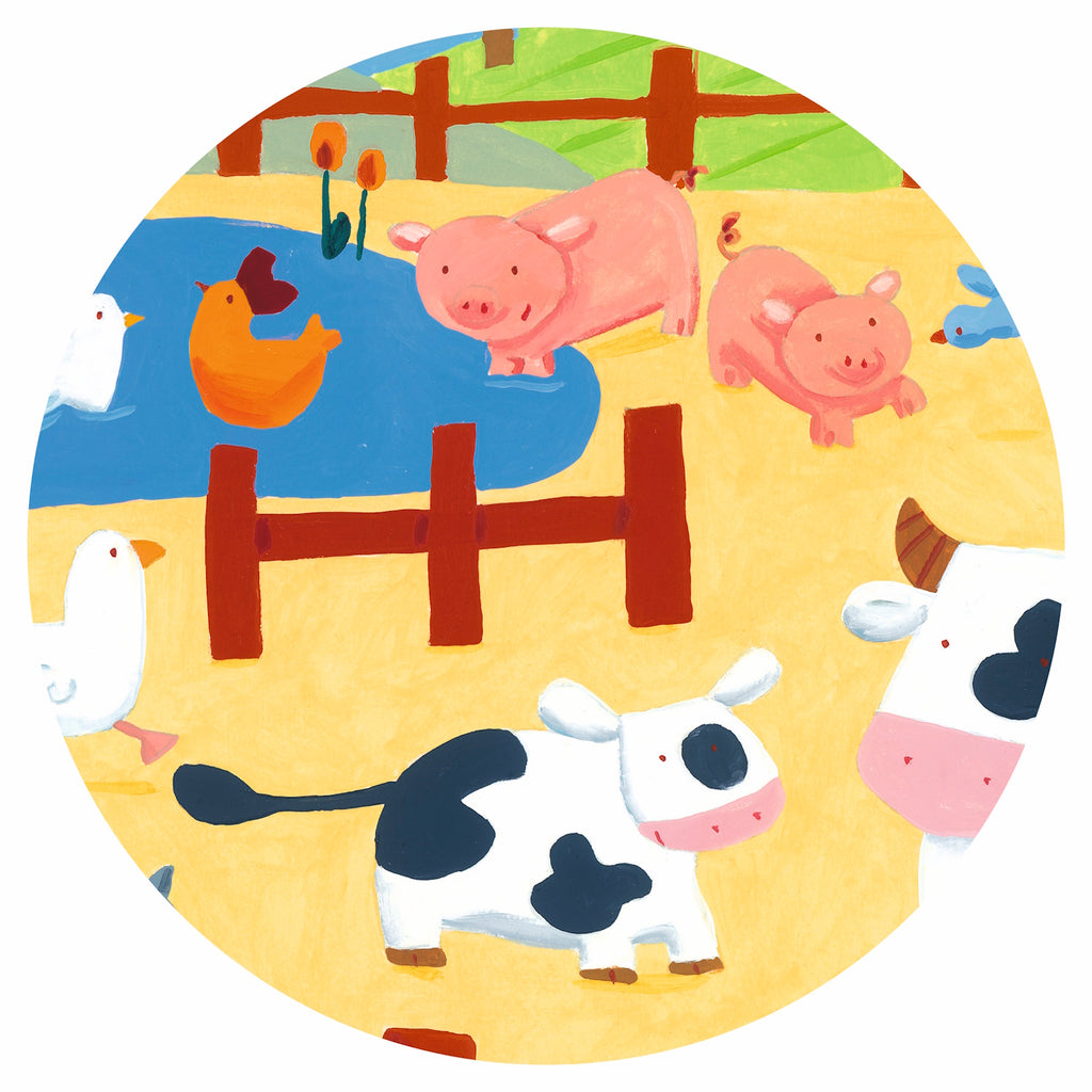 A colorful 24-piece jigsaw puzzle depicting a lively farm scene with cows, chickens, and other animals, set against a barn and green fields.