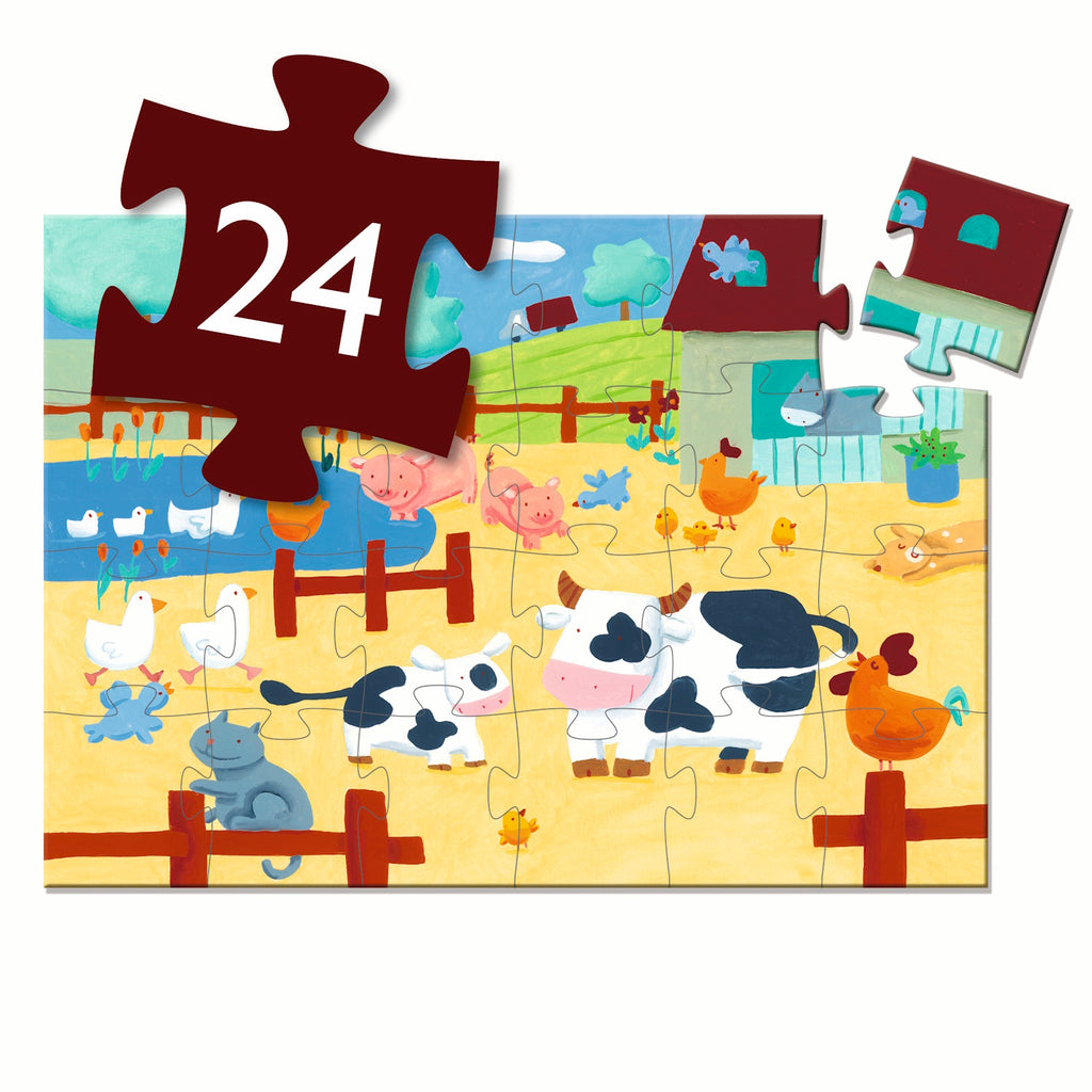 A colorful 24-piece jigsaw puzzle depicting a lively farm scene with cows, chickens, and other animals, set against a barn and green fields.