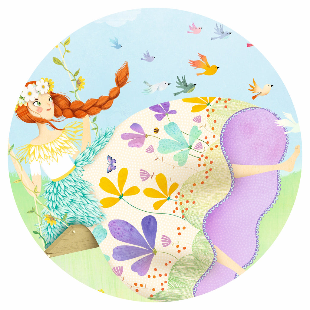 A 36-piece jigsaw puzzle titled "The Princess of Spring" by Djeco, featuring a beautifully illustrated scene of a princess amidst a vibrant spring landscape, complete with blooming flowers and lush greenery.