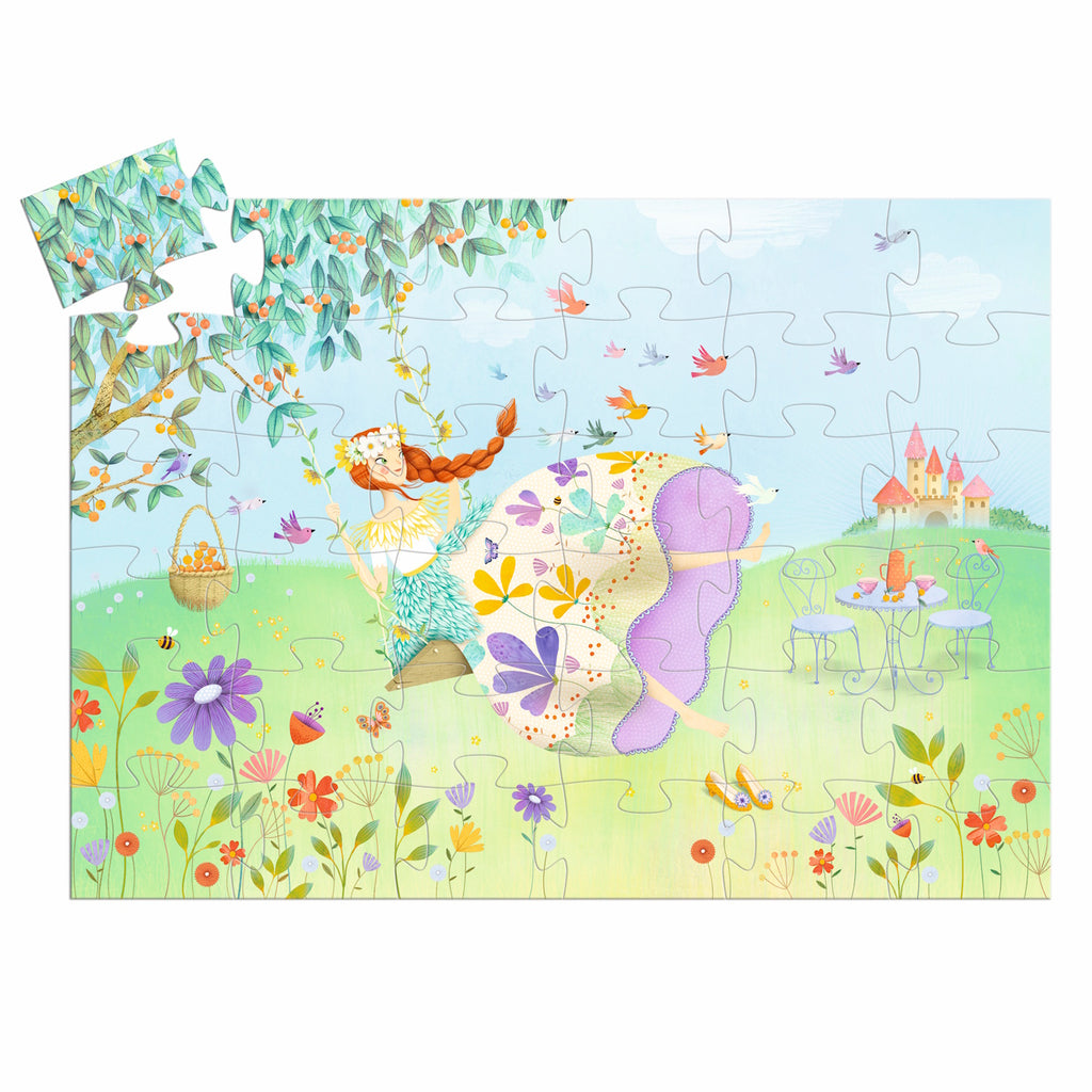 A 36-piece jigsaw puzzle titled "The Princess of Spring" by Djeco, featuring a beautifully illustrated scene of a princess amidst a vibrant spring landscape, complete with blooming flowers and lush greenery.