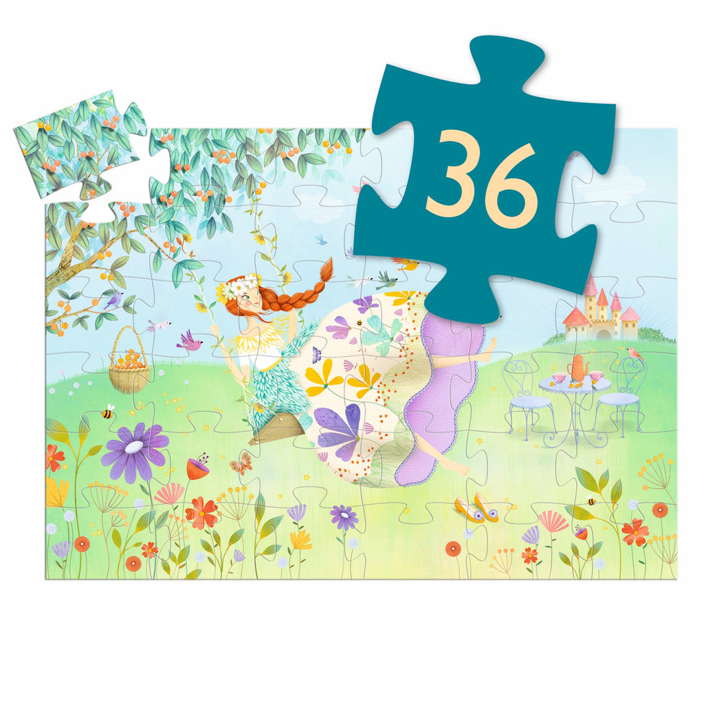 A 36-piece jigsaw puzzle titled "The Princess of Spring" by Djeco, featuring a beautifully illustrated scene of a princess amidst a vibrant spring landscape, complete with blooming flowers and lush greenery.