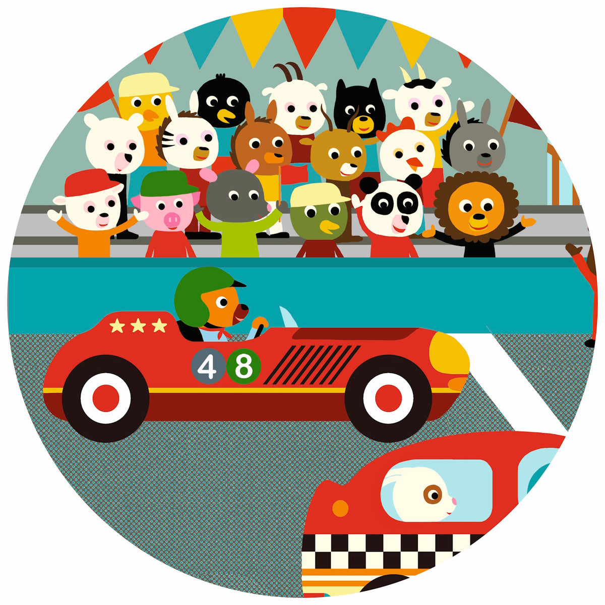 A 16-piece jigsaw puzzle titled "The Racing Car" by Djeco, featuring a vibrant illustration of a race car speeding towards the finish line, with a rabbit co-pilot raising a flag.