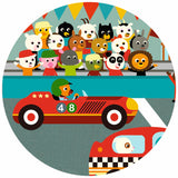 A 16-piece jigsaw puzzle titled "The Racing Car" by Djeco, featuring a vibrant illustration of a race car speeding towards the finish line, with a rabbit co-pilot raising a flag.