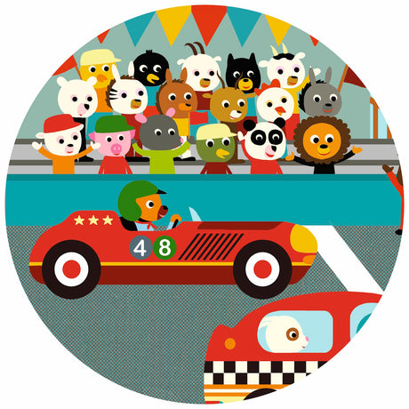 A 16-piece jigsaw puzzle titled "The Racing Car" by Djeco, featuring a vibrant illustration of a race car speeding towards the finish line, with a rabbit co-pilot raising a flag.