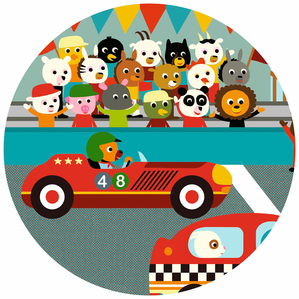 A 16-piece jigsaw puzzle titled "The Racing Car" by Djeco, featuring a vibrant illustration of a race car speeding towards the finish line, with a rabbit co-pilot raising a flag.