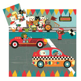 A 16-piece jigsaw puzzle titled "The Racing Car" by Djeco, featuring a vibrant illustration of a race car speeding towards the finish line, with a rabbit co-pilot raising a flag.