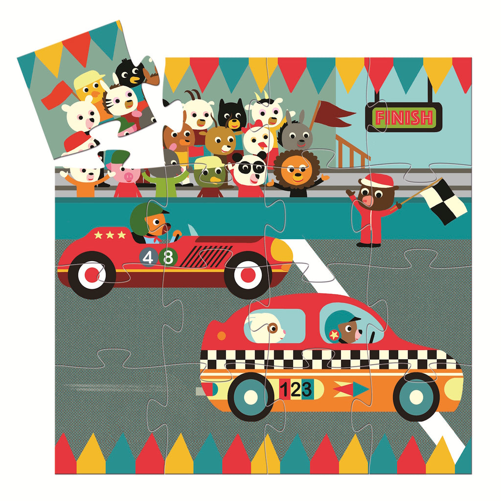A 16-piece jigsaw puzzle titled "The Racing Car" by Djeco, featuring a vibrant illustration of a race car speeding towards the finish line, with a rabbit co-pilot raising a flag.