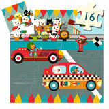 A 16-piece jigsaw puzzle titled "The Racing Car" by Djeco, featuring a vibrant illustration of a race car speeding towards the finish line, with a rabbit co-pilot raising a flag.