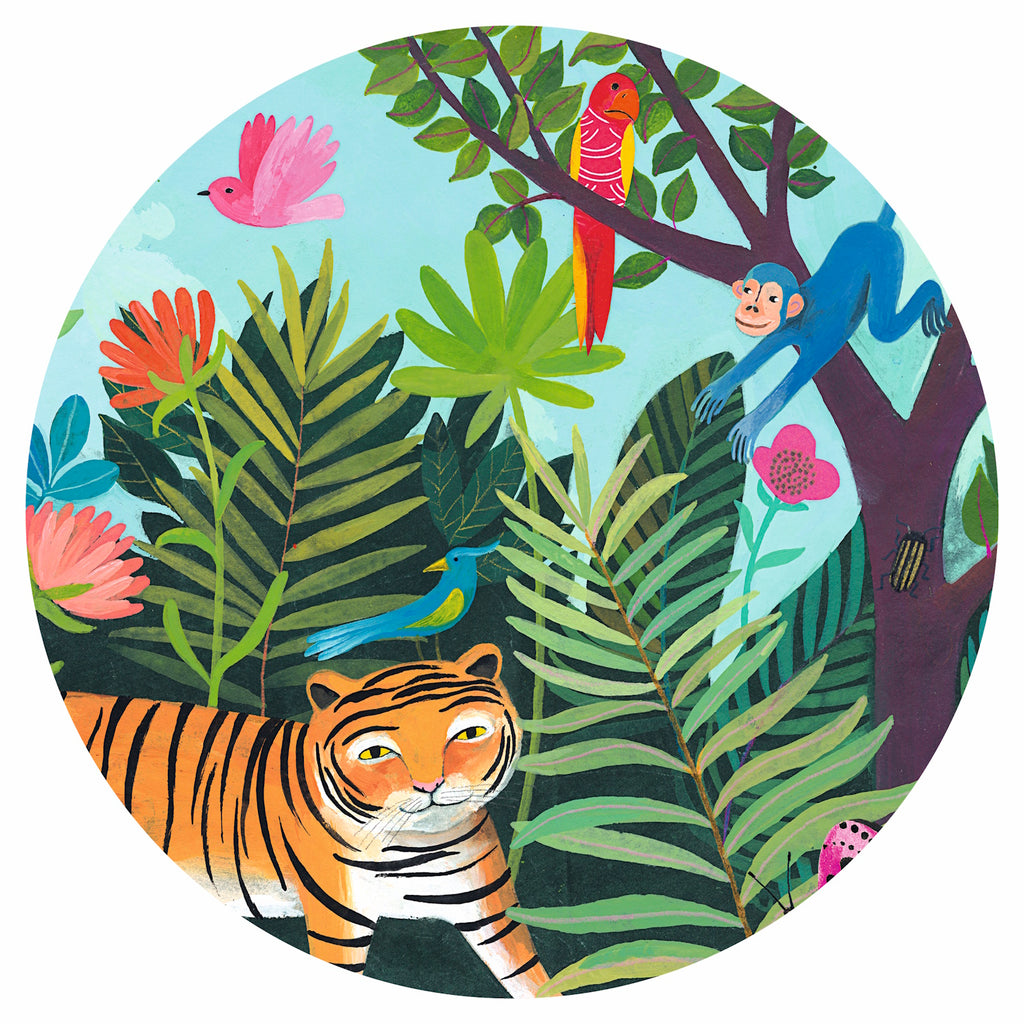 A 24-piece jigsaw puzzle titled "The Tiger's Walk" by Djeco, featuring a vibrant illustration of a tiger strolling through a lush jungle.