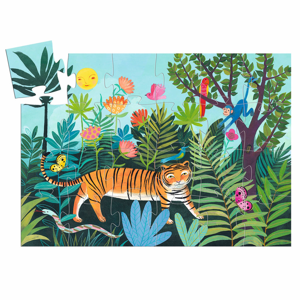 A 24-piece jigsaw puzzle titled "The Tiger's Walk" by Djeco, featuring a vibrant illustration of a tiger strolling through a lush jungle.