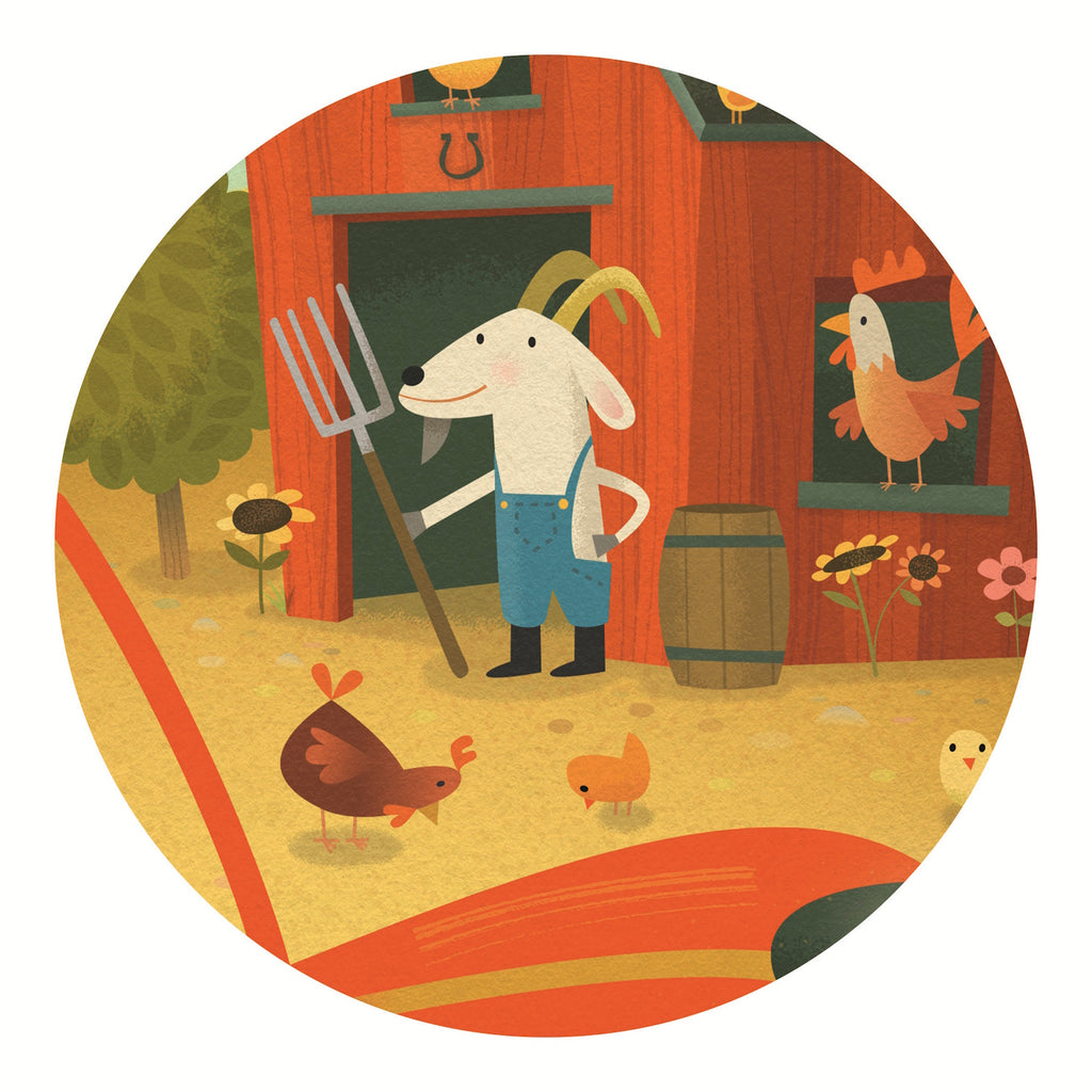 A 16-piece jigsaw puzzle titled "The Tractor" by Djeco, featuring a colorful illustration of a red tractor operated by a cheerful cow on a farm, with a goat and chickens nearby.