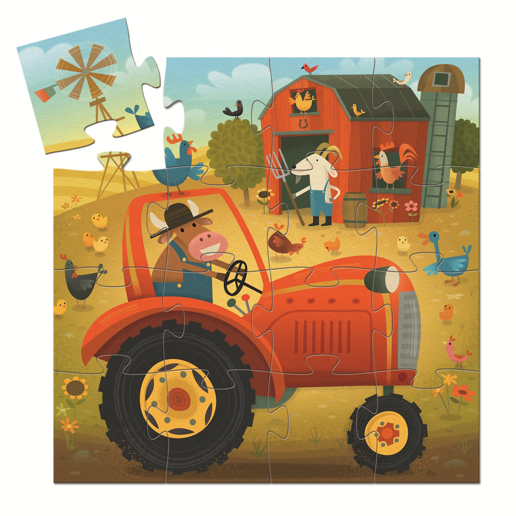 A 16-piece jigsaw puzzle titled "The Tractor" by Djeco, featuring a colorful illustration of a red tractor operated by a cheerful cow on a farm, with a goat and chickens nearby.