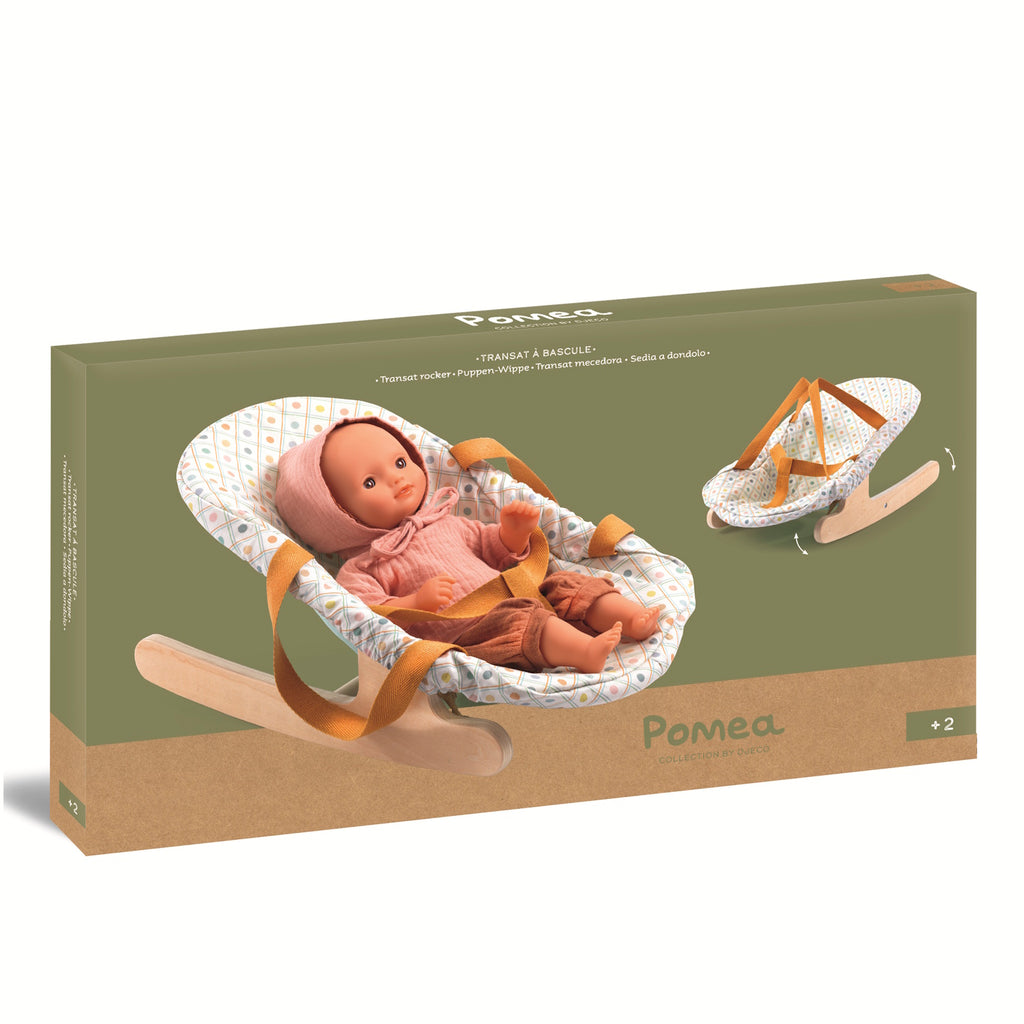 Packaging for a doll in a rocking seat. The doll wears a pink outfit with a bonnet, resting in a patterned chair with orange straps. Tone is playful and cozy.