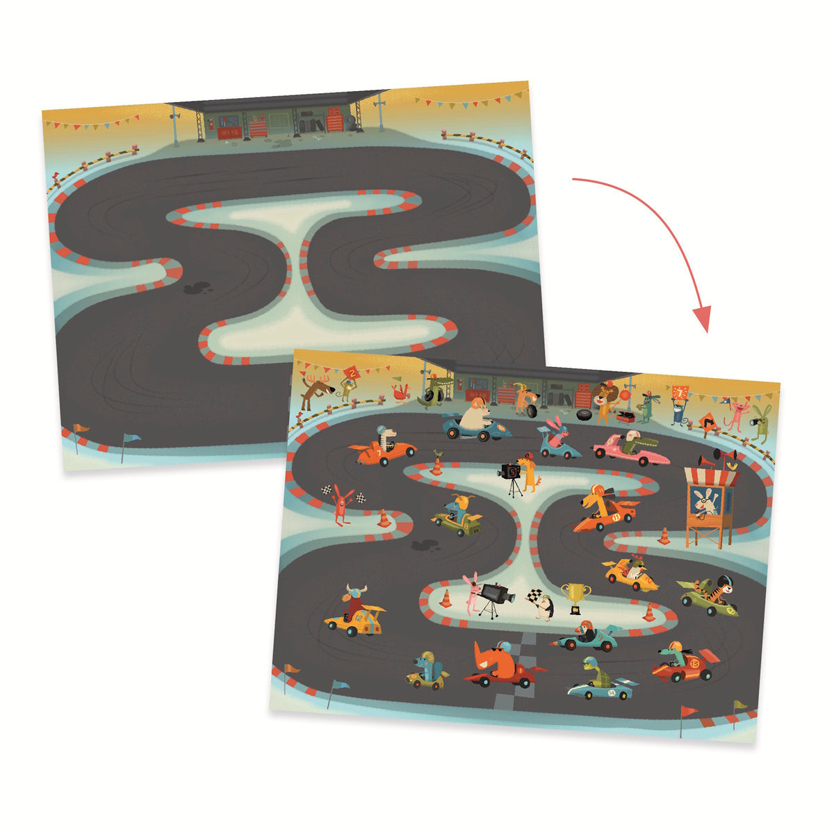 Colorful packaging for a children's activity set featuring construction scenes, characters, and various building vehicles.