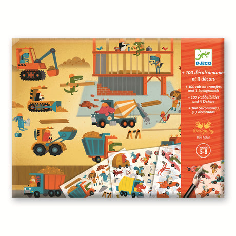 Colorful packaging for a children's activity set featuring construction scenes, characters, and various building vehicles.