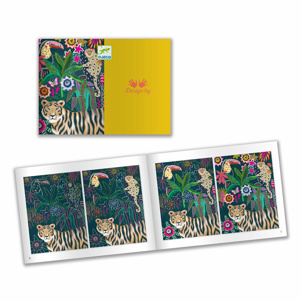 Four colorful illustrated panels featuring vibrant wildlife, including birds, a tiger, and lush tropical plants in bold patterns.