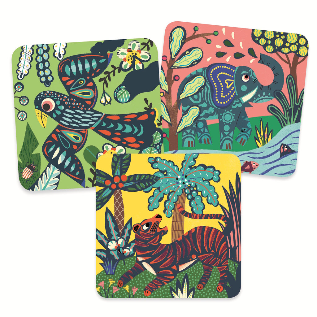 Three colorful art coasters featuring a bird, an elephant, and a tiger surrounded by lush foliage and vibrant patterns.