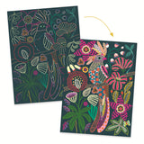 Four colorful illustrated panels featuring vibrant wildlife, including birds, a tiger, and lush tropical plants in bold patterns.