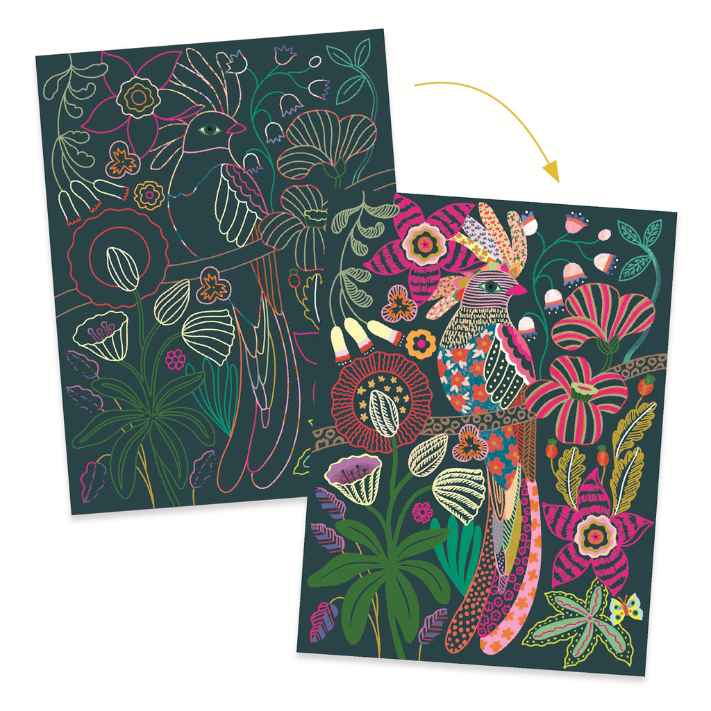 Four colorful illustrated panels featuring vibrant wildlife, including birds, a tiger, and lush tropical plants in bold patterns.