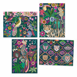 Four colorful illustrated panels featuring vibrant wildlife, including birds, a tiger, and lush tropical plants in bold patterns.