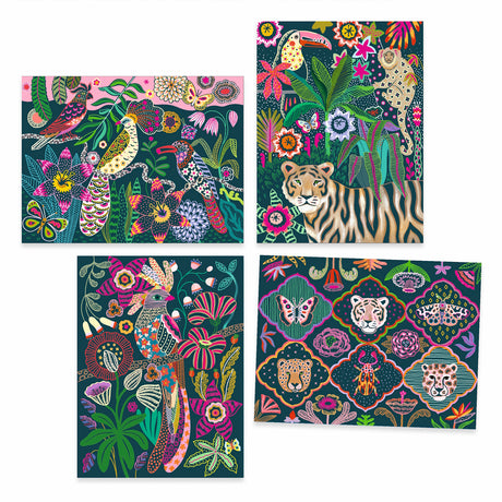 Four colorful illustrated panels featuring vibrant wildlife, including birds, a tiger, and lush tropical plants in bold patterns.
