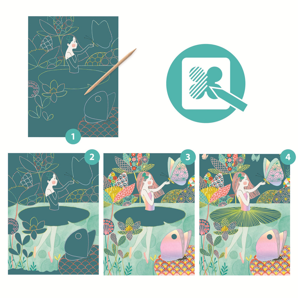 his set features 4 scratch cards with iridescent reflections depicting scenes along the water's edge.