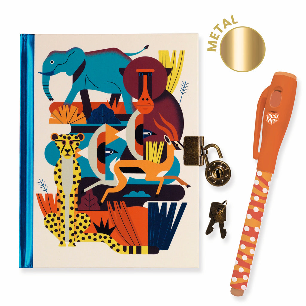 Colorful notebook with abstract safari animals, including an elephant and cheetah, features a metal lock. Comes with an orange polka-dot pen. Playful tone.